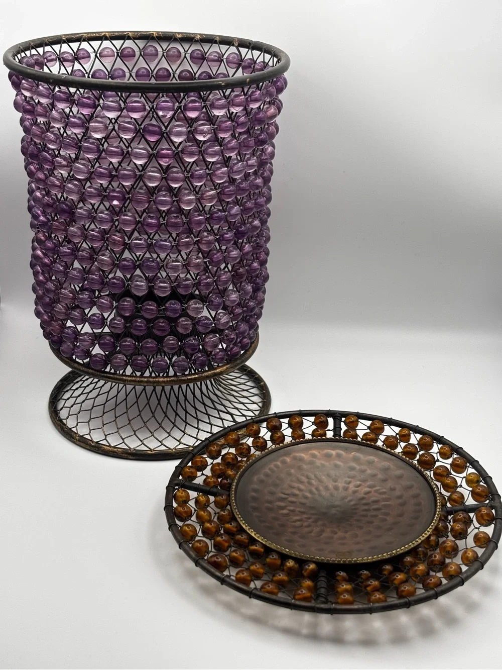 Decorative Beaded Brass Metal Tealight Candle Votive Set of 2 Purple and Amber